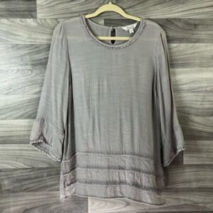 Krazy Kat Womens Blouse Beige 3/4 Sleeve Scoop Neck Ruffles Viscose Blend Boho M